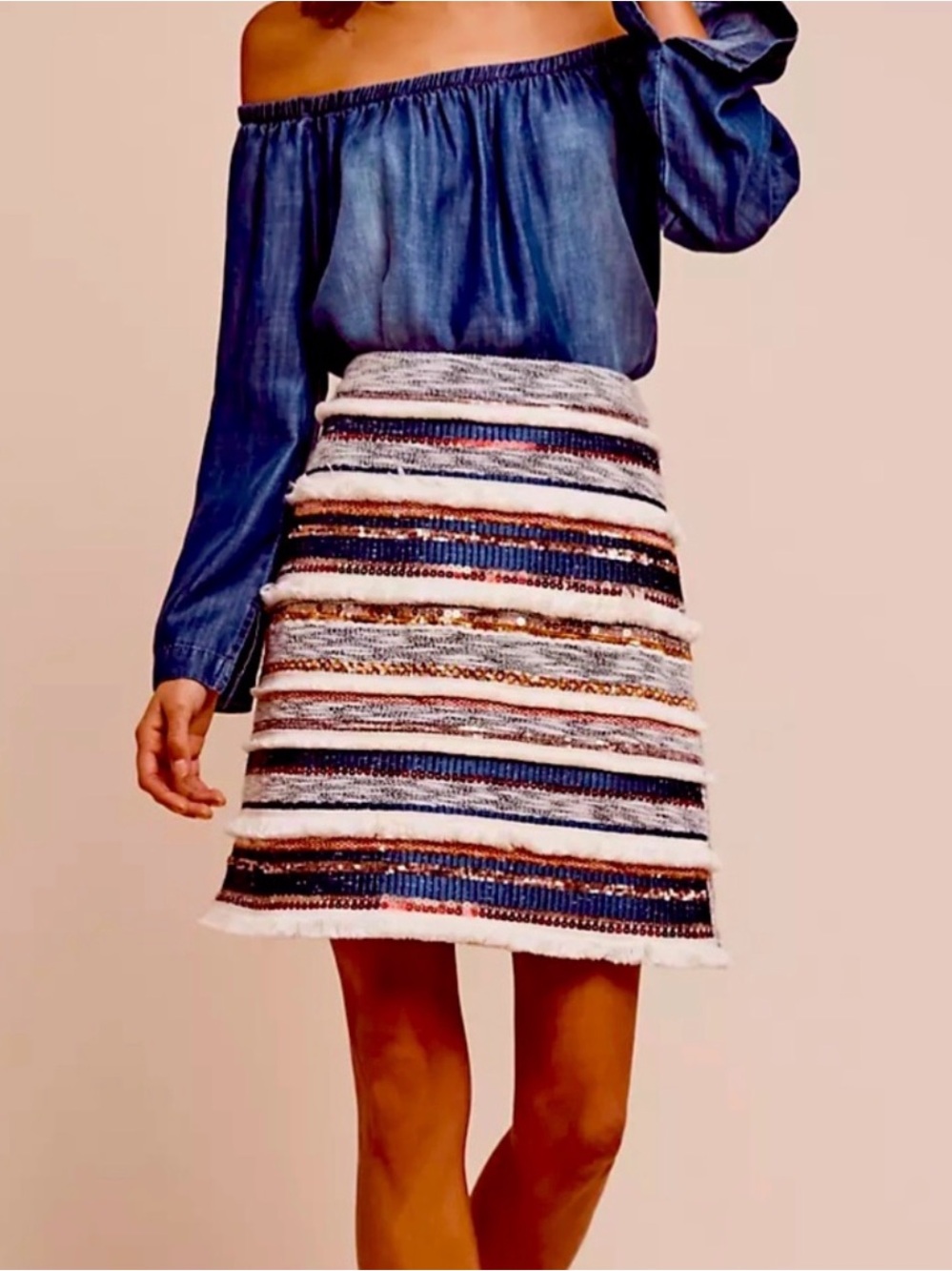 Anthropologie Moulinette Soeurs Erine Sequin Fringe Stripe Mini Skirt Size 0 NWT